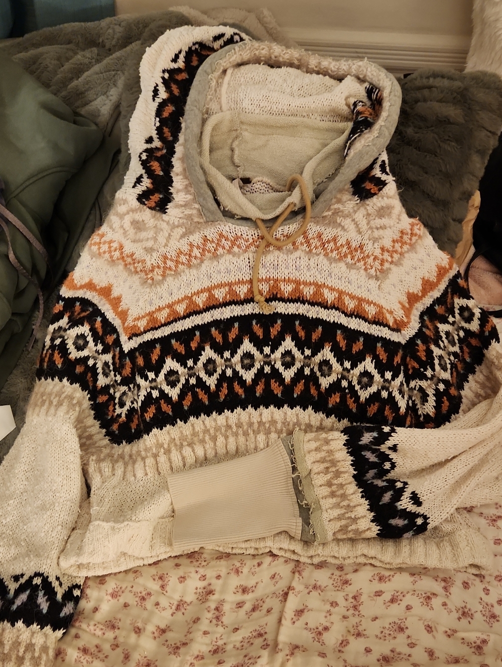 Free People Neutral Fair Isle Hooded Sweater with Rust Accents